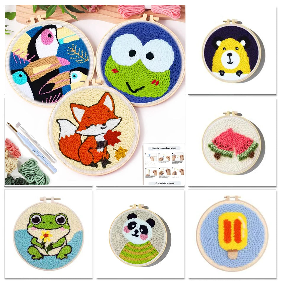 SDOYUNO Cute Cartoon Animal Punch Needle Embroidery Kit for Beginners Rug hooking DIY Crafts Kit Needlework Art Home Decor