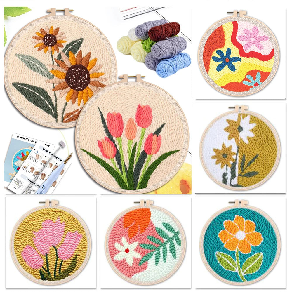 SDOYUNO Tulip Sunflower Punch Needle Embroidery Kits Magic Tufting Set Instructions Handicrafts Poking Cross Stitch DIY Gift