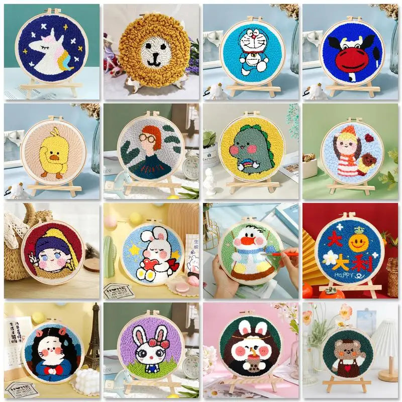 SDOYUNO Diy Punch Needle Embroidery Starter Kits Animal Poking Embroidery Crafts Painting Hoop Yarn Rug For Home Decor