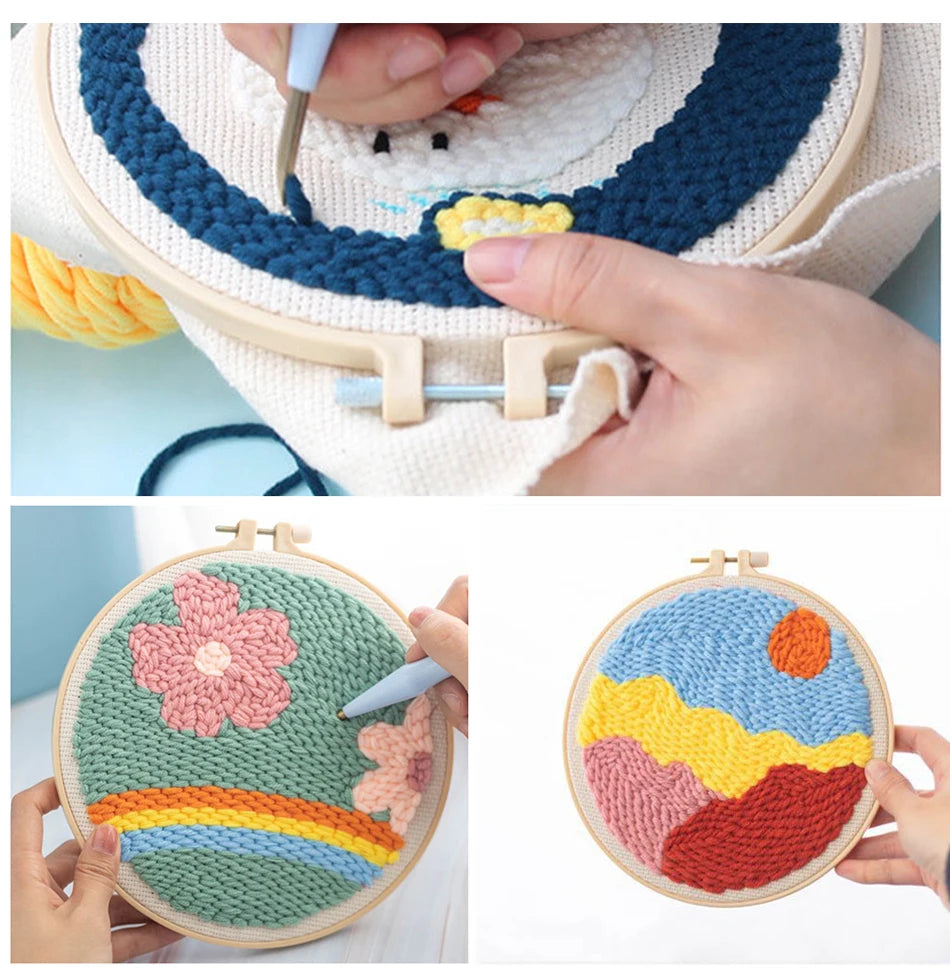 SDOYUNO Diy Punch Needle Embroidery Starter Kits Animal Poking Embroidery Crafts Painting Hoop Yarn Rug For Home Decor